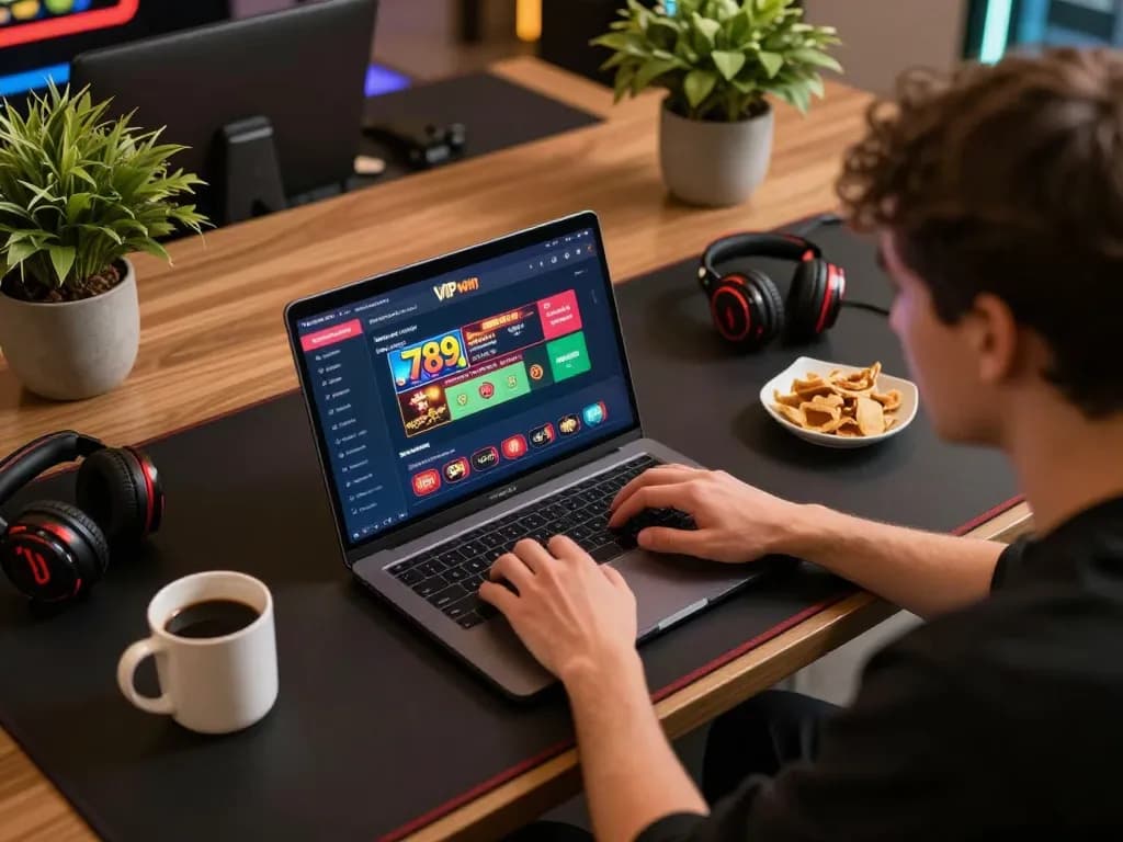 Gamer engaging with the 789win VIP platform, showcasing a stylish online gambling setup with strategic focus.