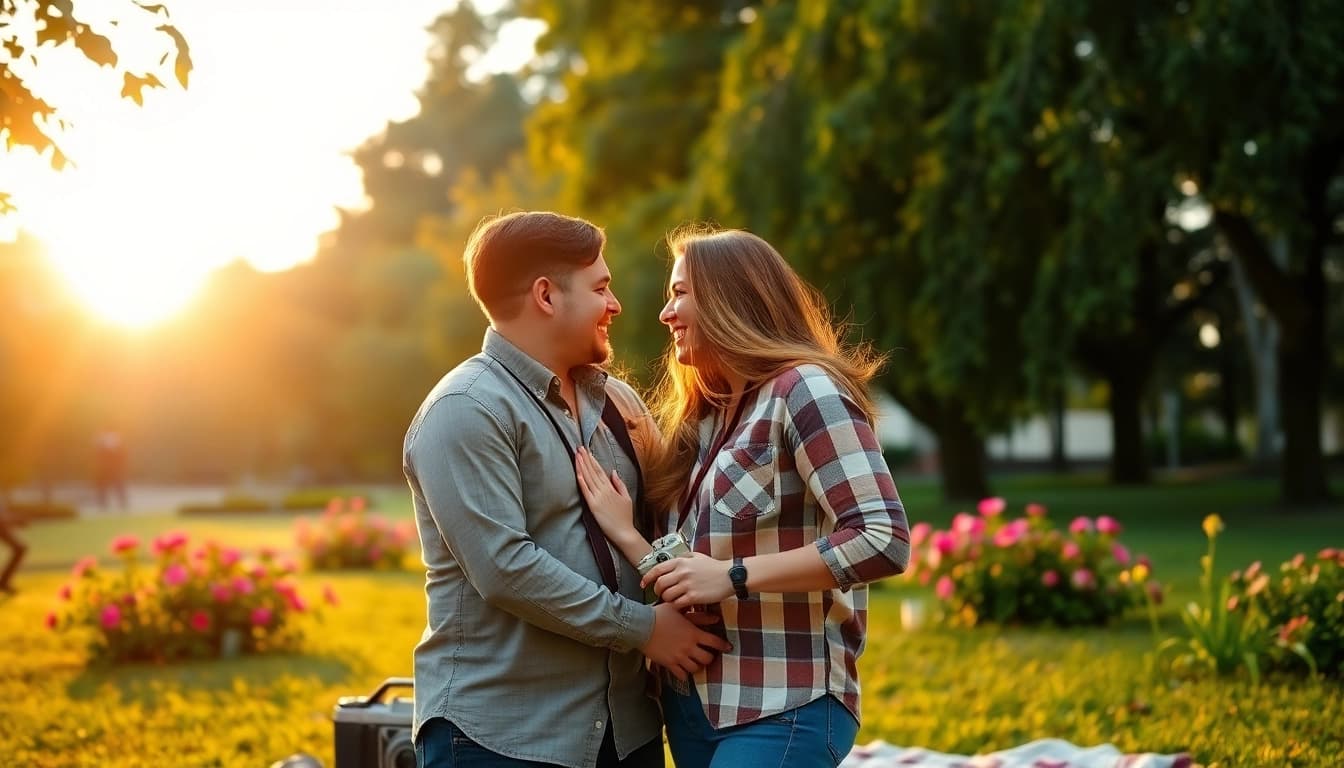 Places to take pictures near me in Tampa, showcasing a couple's embrace in a lush park.