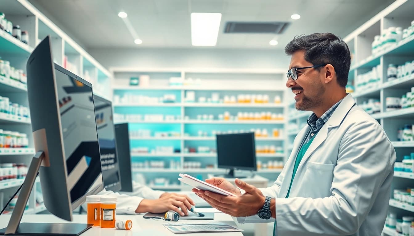 Discover safe and reliable online pharmacy services with a pharmacist assisting clients.