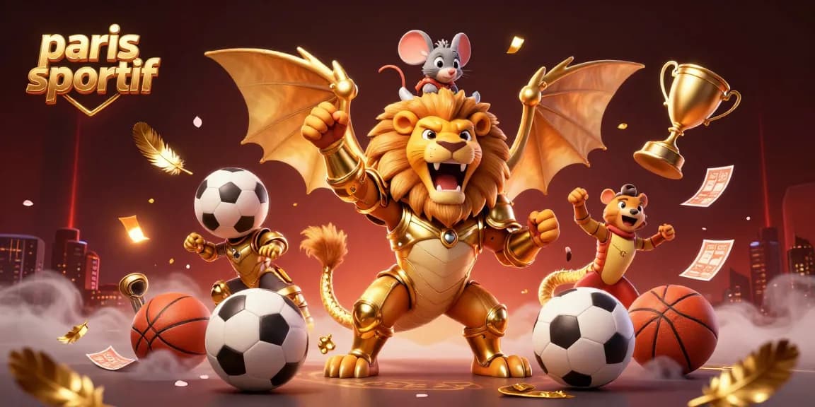Faites des paris sportifs sur une illustration cartoon dynamique avec des trophées et des ballons de sport.