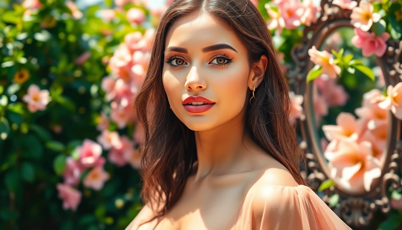 Emphasizing Beauty and Style, an elegant model poses gracefully in a lush garden.