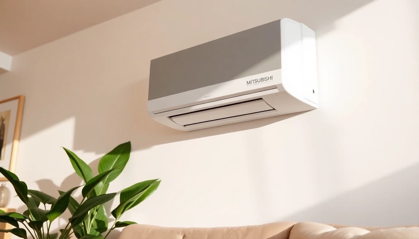 Mitsubishi mini split ac installed in a modern living room with stylish decor, enhancing aesthetics and comfort.
