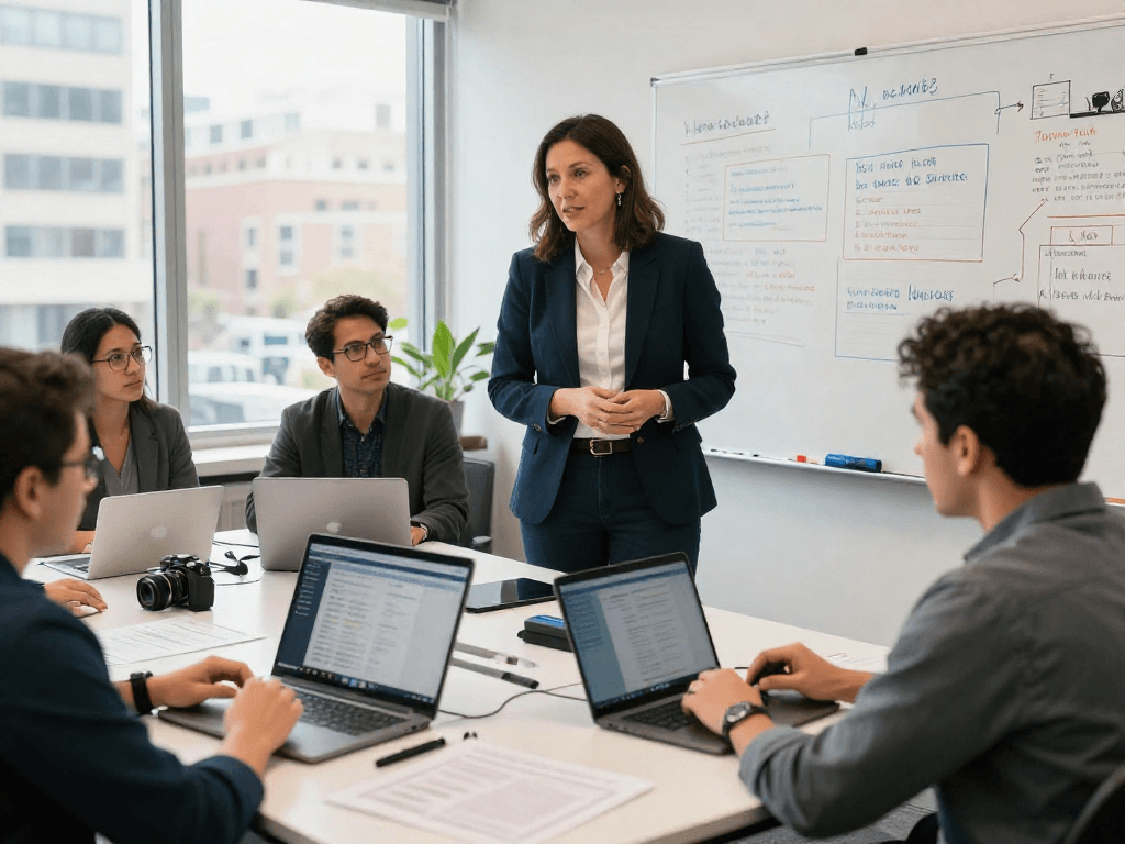 Engaging team discussing debate prep services in a modern office.