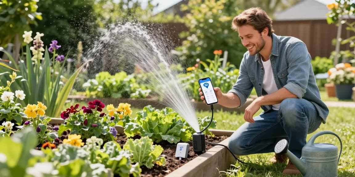 wifi sprinkler controller setup in a vibrant home garden with blooming flowers and vegetables