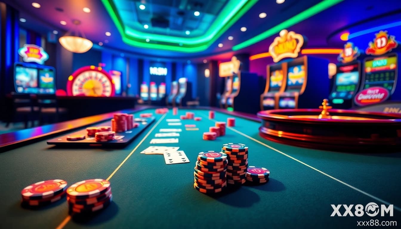 A thrilling poker game at xx88 com with vibrant chips and cards on a sleek table.