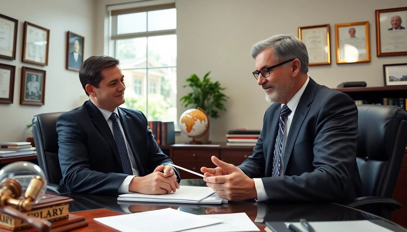 New Hampshire Immigration Attorney discussing case details with a client in a professional setting.