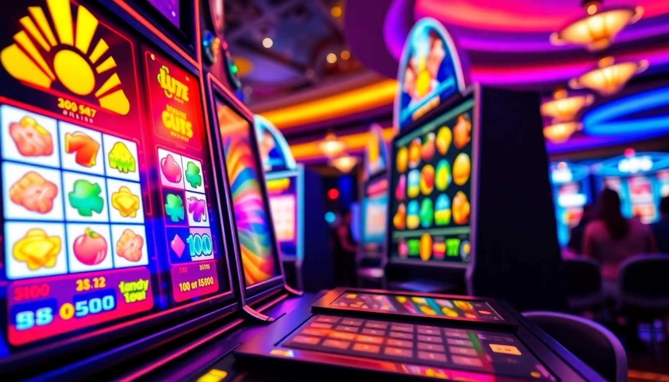 Menampilkan situs slot777 pada mesin slot yang berwarna-warni dengan suasana kasino yang meriah.