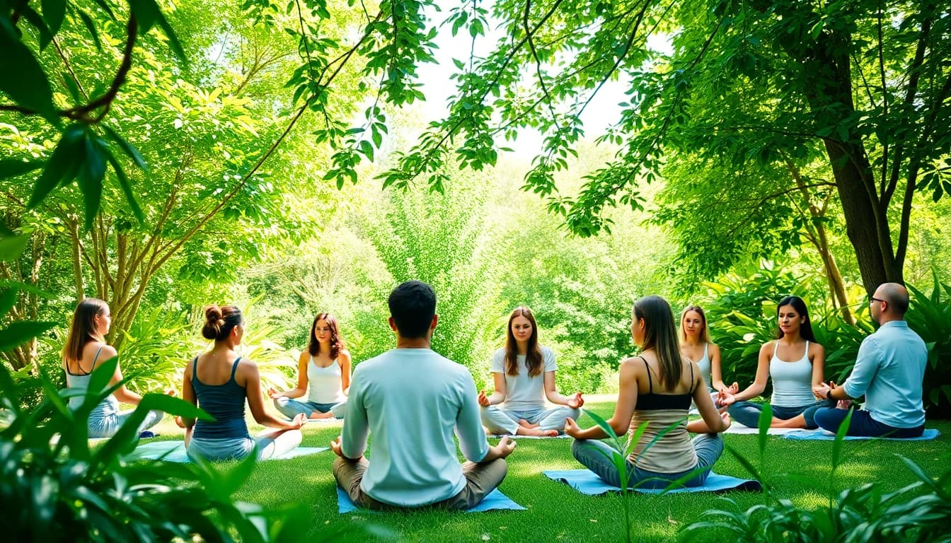 glownexis.com의 건강 전문가들이 자연 속에서 웰니스 프로그램을 진행하는 모습