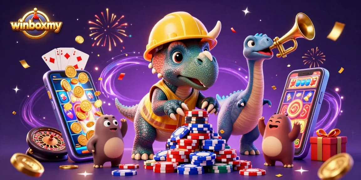 WinboxMY features engaging 3D casino characters celebrating while enjoying slot games and poker elements.
