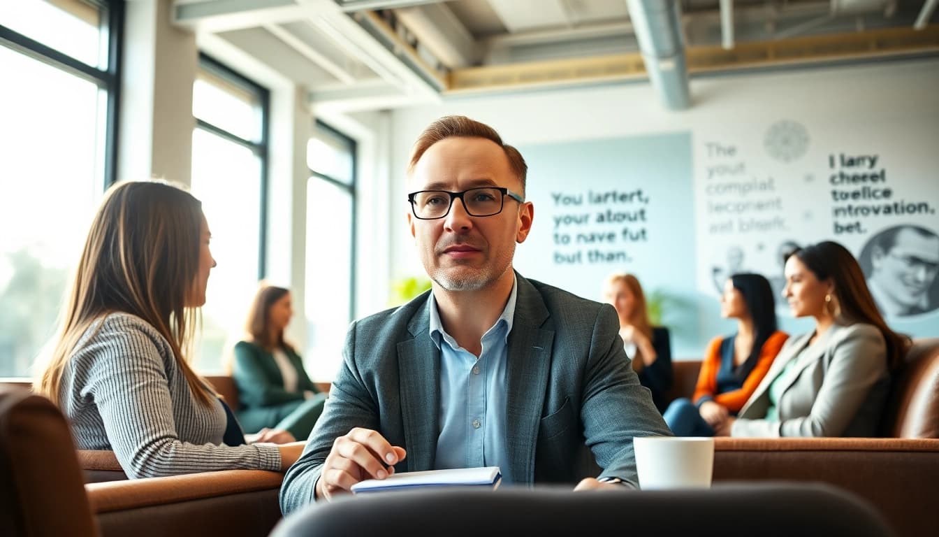 Dynamic corporate coach facilitating an executive meeting in a bright, modern office.