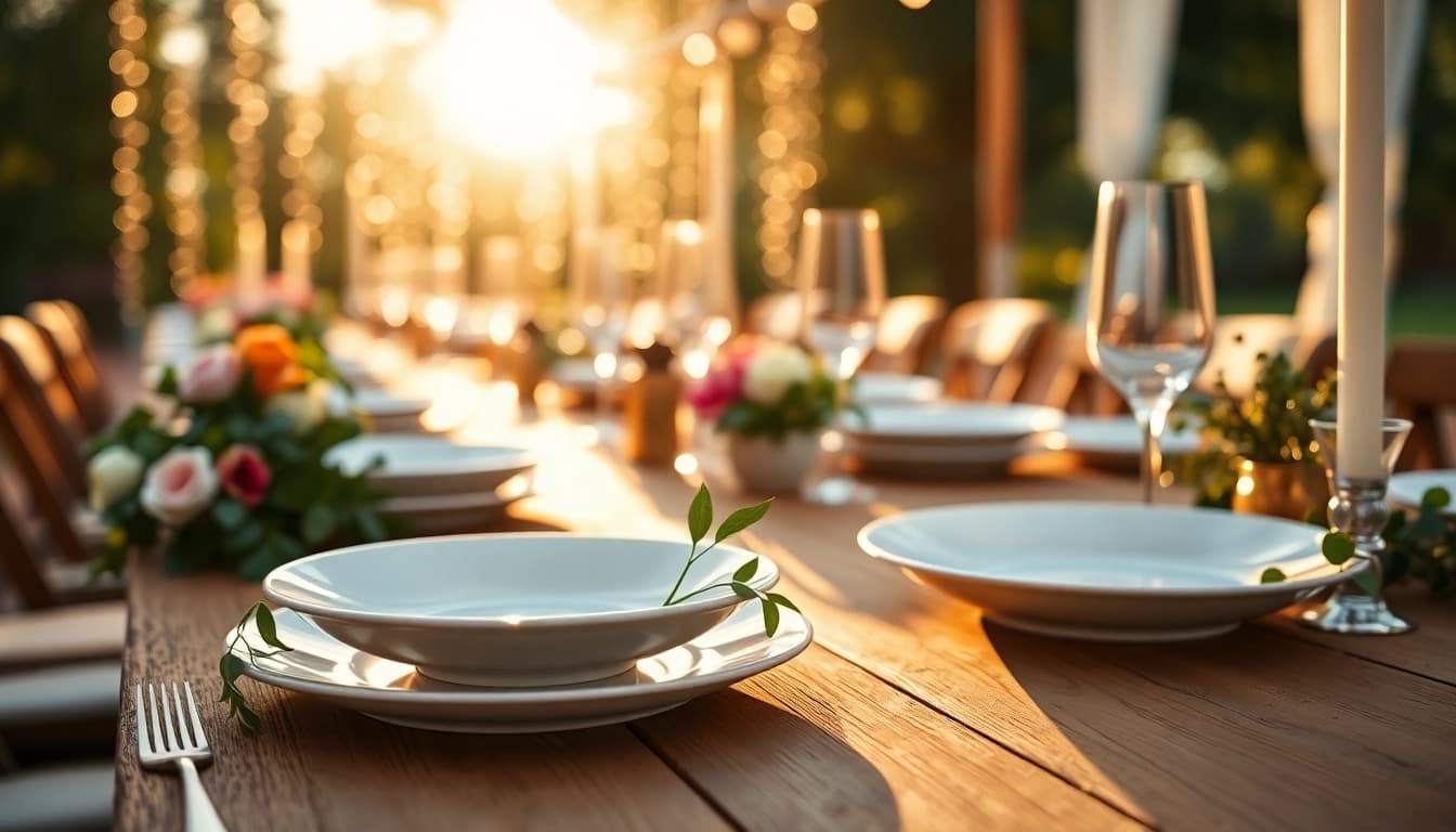 Stylish and elegant compostable wedding plates set on a rustic table surrounded by flowers.