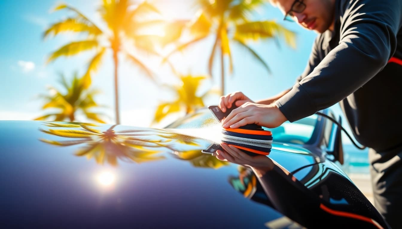 Experience exceptional Palm Beach mobile detailing services with a professional detailer working on a luxury car.