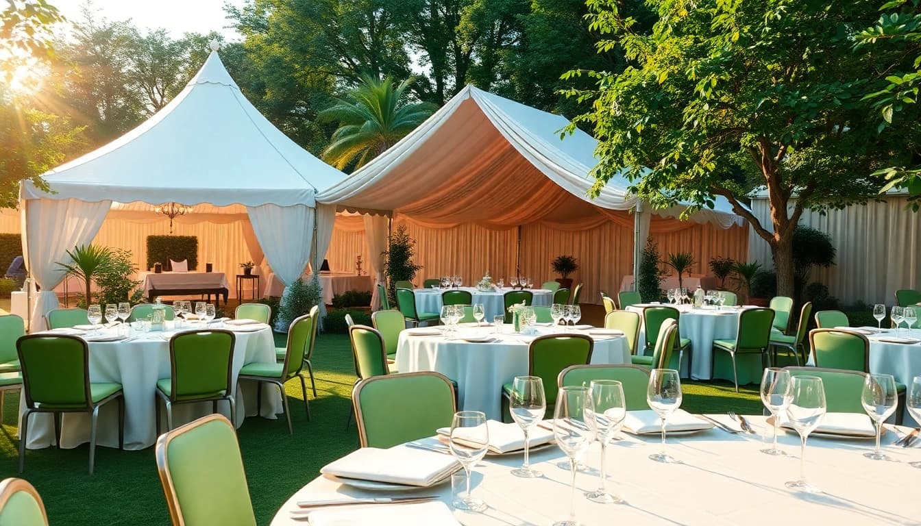 Showcase of Corporate Event Rentals with stylish tents and elegant table arrangements outdoors.