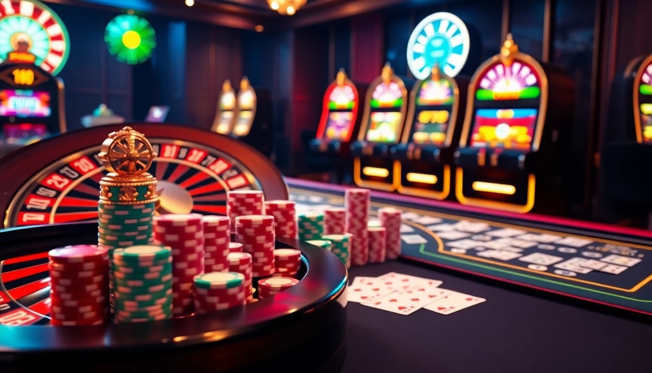 Experience luxury gaming with slot machines and poker chips at https://lotto188.bar, capturing the thrill of online gambling.