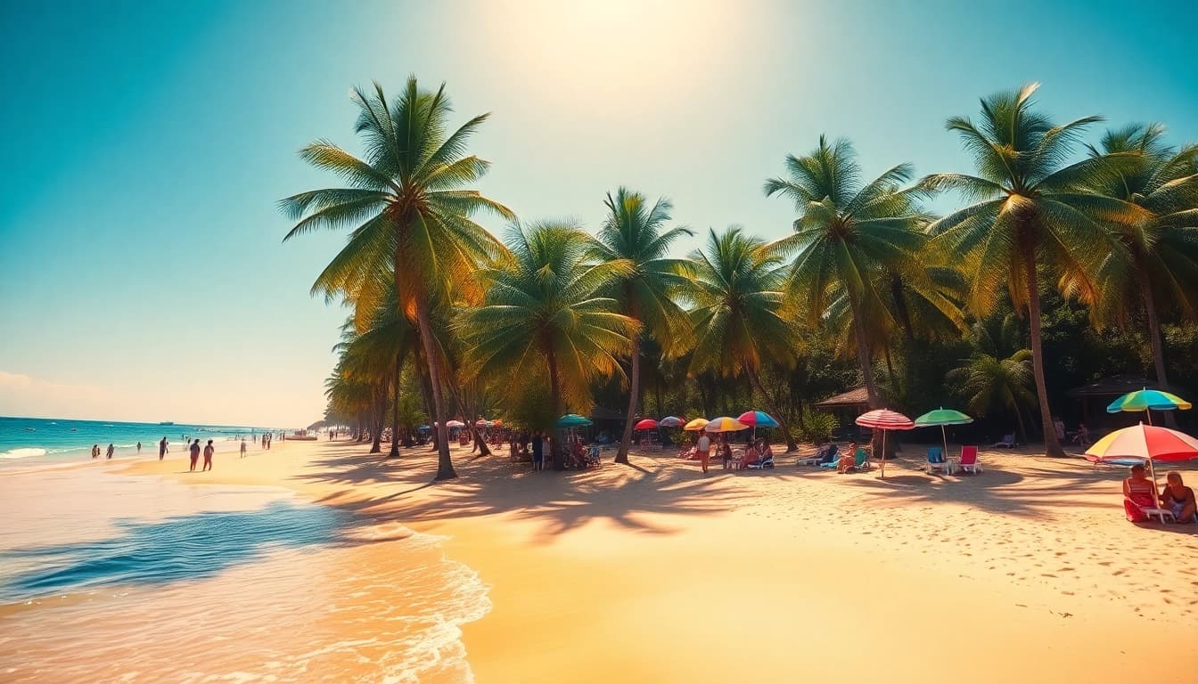 Clima em Paripueira ilustrado por uma deslumbrante cena de praia com sol quente, águas turquesas e areia vibrante.
