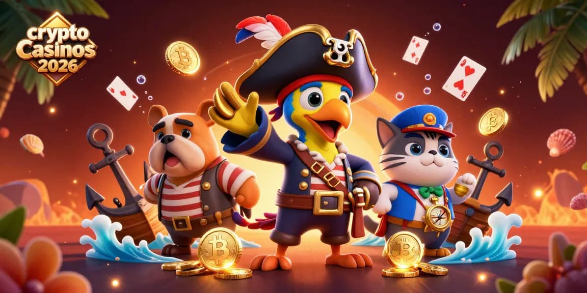 Les meilleurs crypto casinos 2026 illustrés avec un pirate, un bulldog et un chat, entourés de pièces et de jeux.