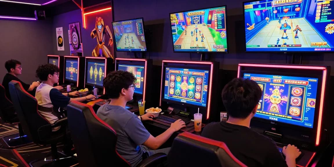 Excited players enjoying slot gacor games in a lively gaming lounge atmosphere