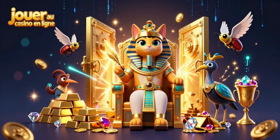 Jouer au casino en ligne avec un chat pharaon et ses trésors étincelants dans un décor festif.