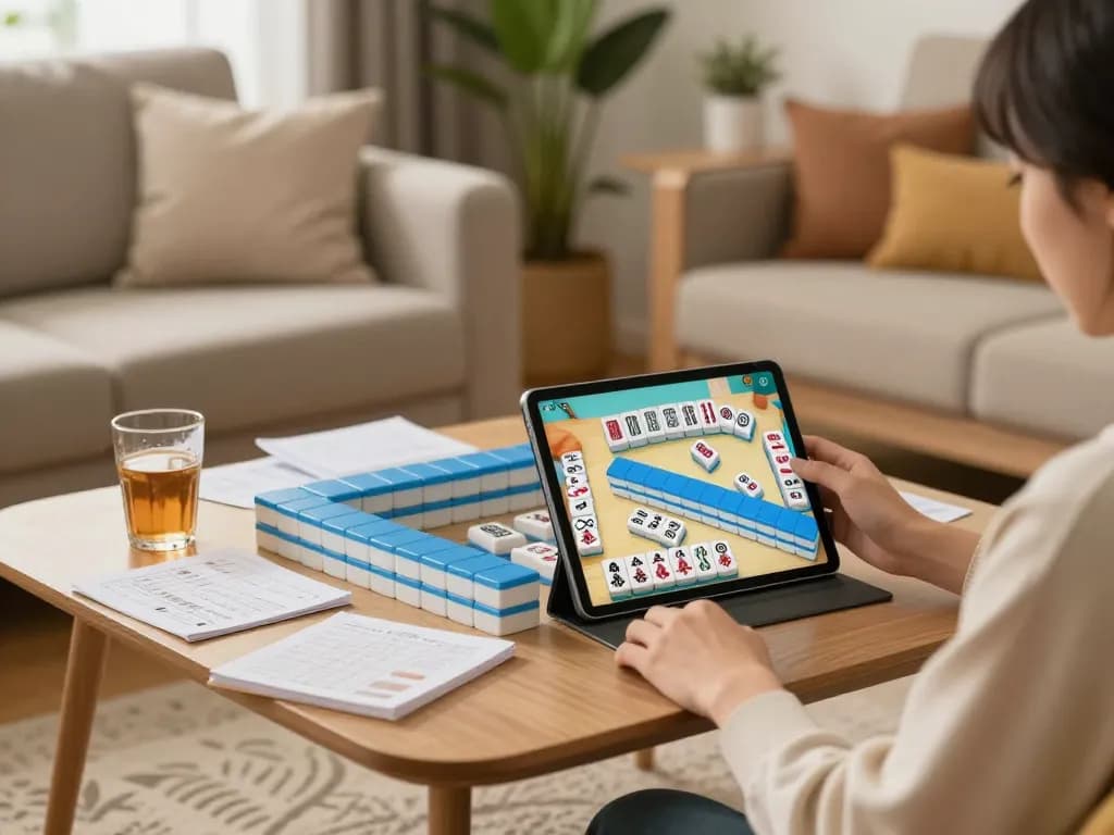 Person enjoying Mahjong gameplay on a tablet in a cozy home setting, featuring colorful tiles and strategy notes.