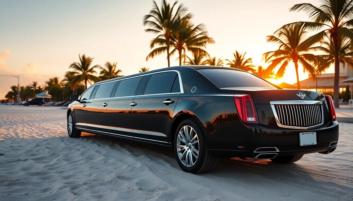 Elegant Miami Florida limo service ready for a night out against a stunning beachfront backdrop.