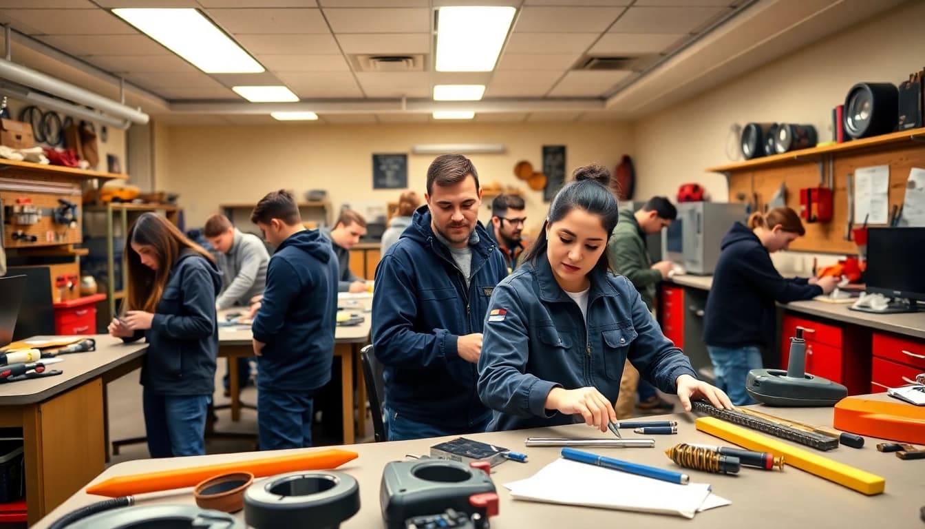 Hands-on training in a Knoxville TN trade school with diverse students engaged in practical skills.