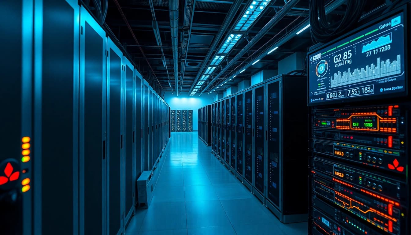 High-tech crypto mining operation with ASIC miners and screens displaying data.