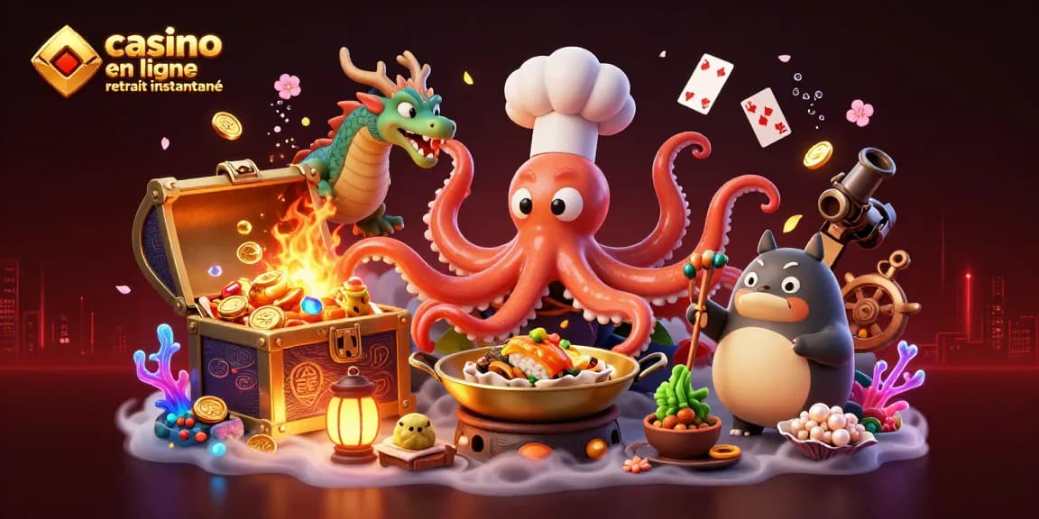 Retirez vos gains rapidement avec le casino en ligne retrait instantané, illustré par un octopus chef préparant des mets dorés.