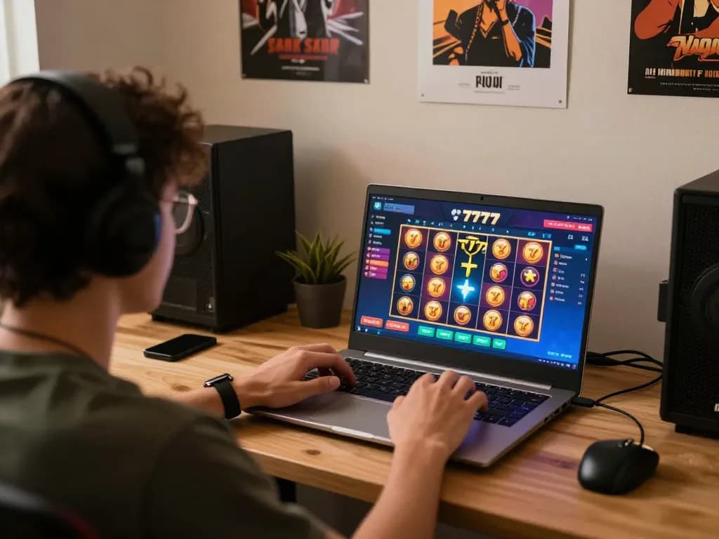 Play online slot777 game on laptop with exciting winning reaction in cozy home office