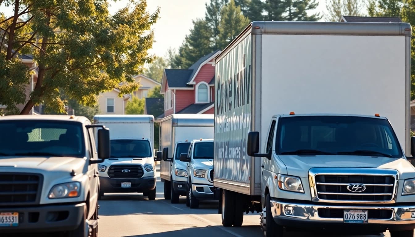 Moving companies Calgary professionals efficiently packing and loading trucks on a bright sunny day.
