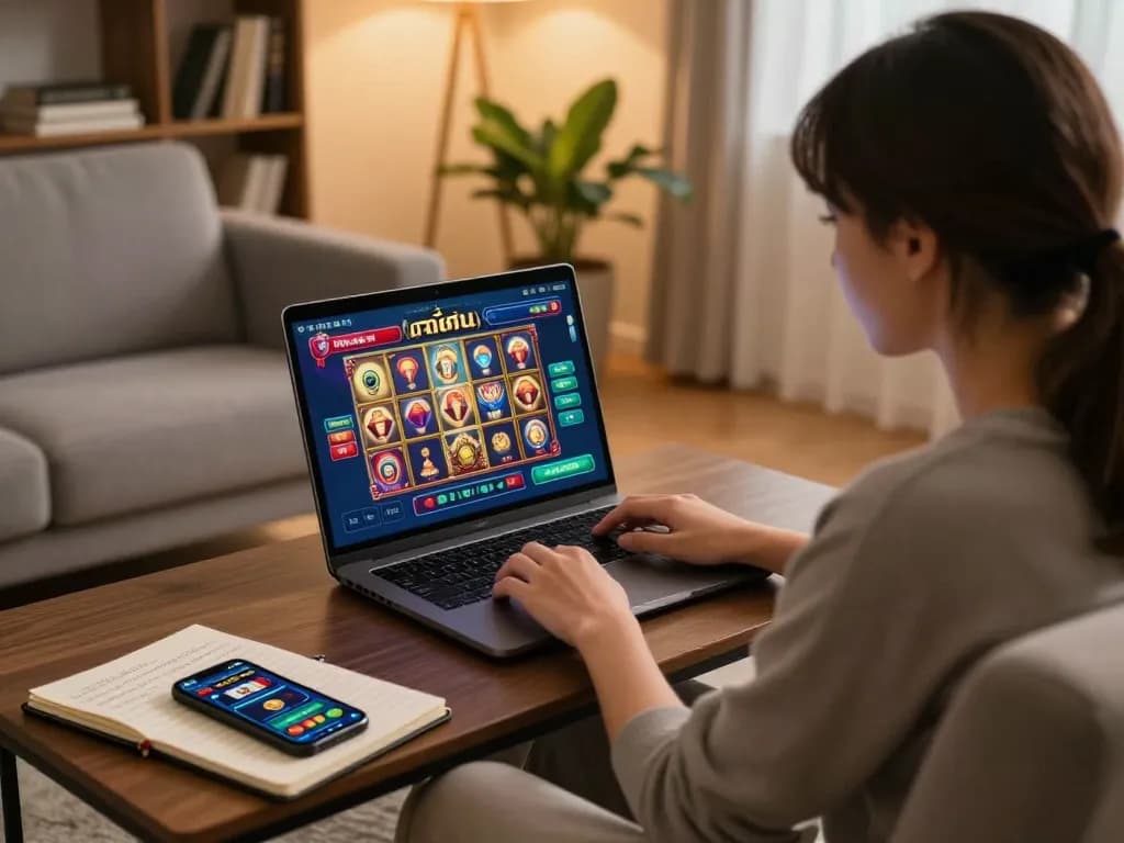 Engaged player using สล็อตวอเลท for online gambling on their laptop in a cozy home setting.