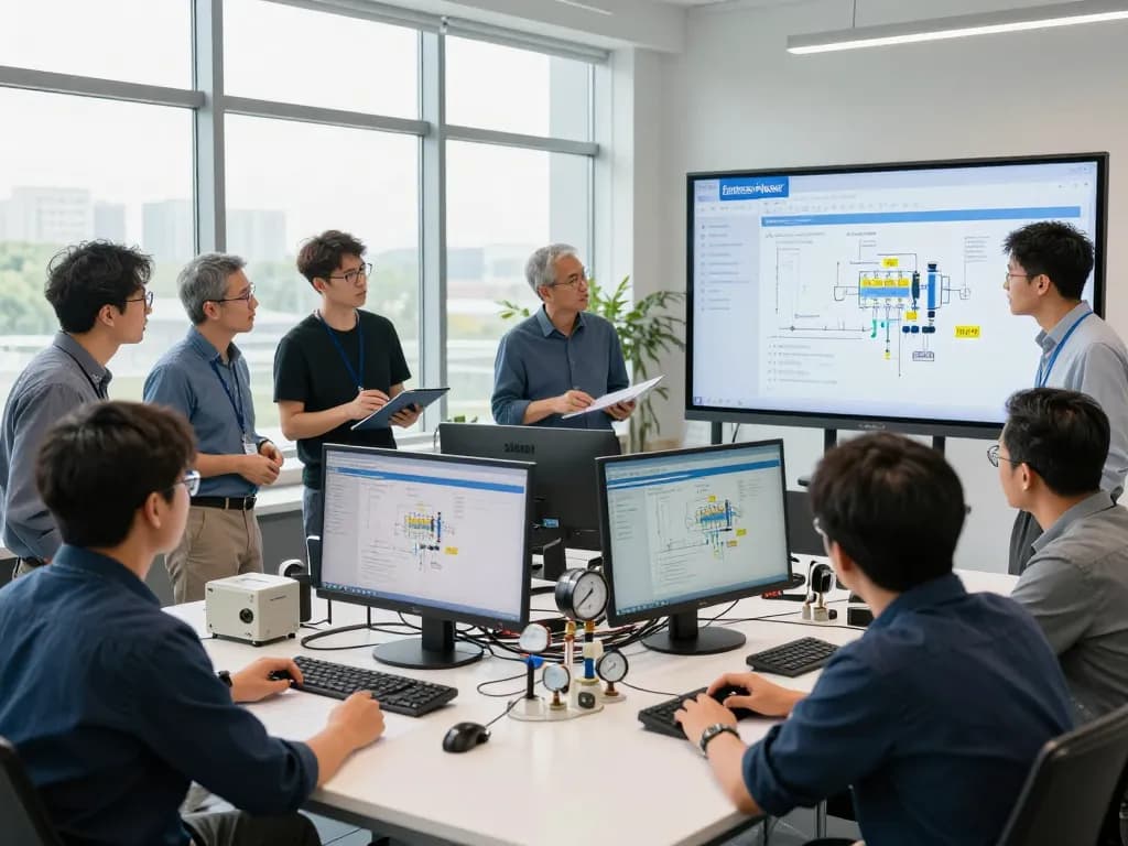 Engineers collaborating on Endress Hauser automation solutions in a bright industrial workspace.