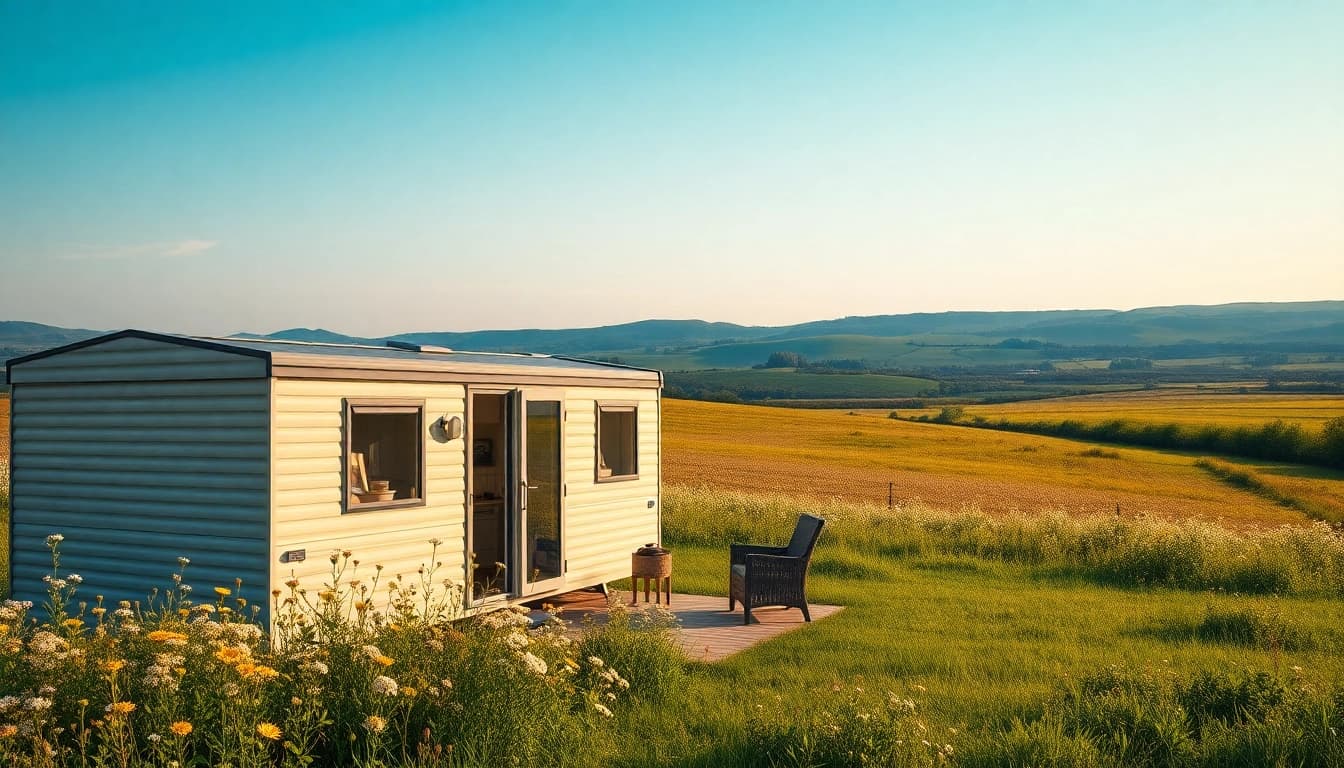 Static Caravans nestled in a serene countryside setting with inviting outdoor seating.