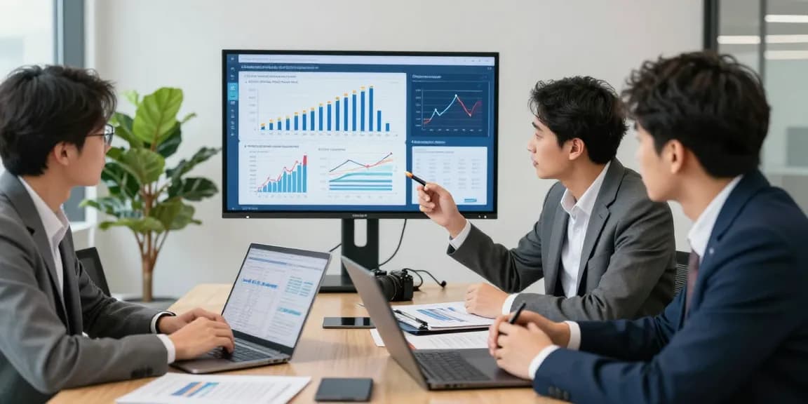 Finance professionals collaborating on financial crime intelligence analysis in a modern office.