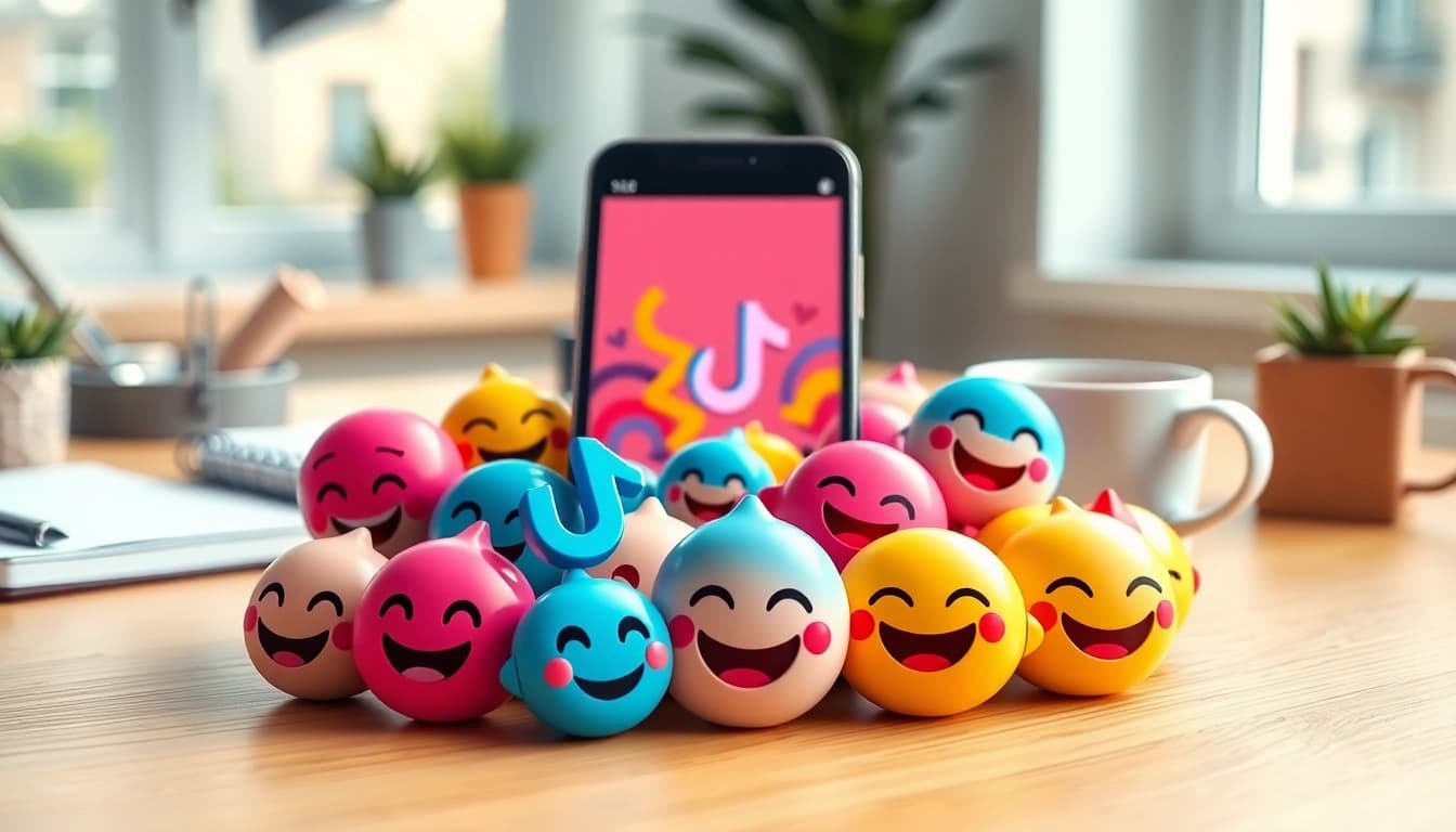 Explore TikTok emojis collection with a smartphone and creative workspace setting.