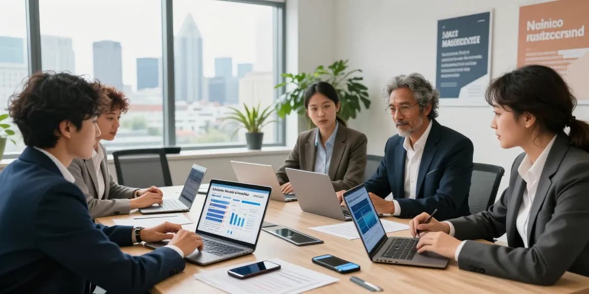 Team evaluating the best business mobile providers UK in a modern office setting.