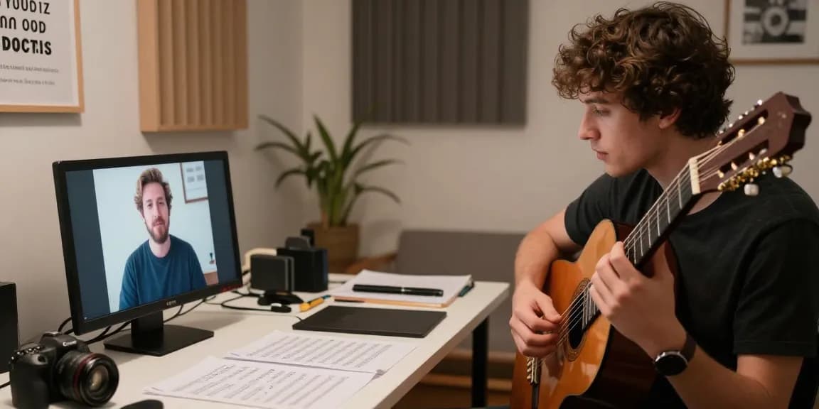 Engaging classical guitar lessons online with a certified concert guitarist teaching a student in a cozy music studio.