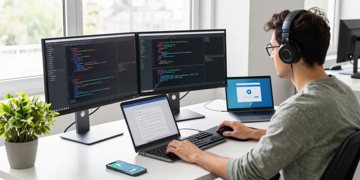 Developer coding 纸飞机中文版 on dual monitors in a modern workspace.