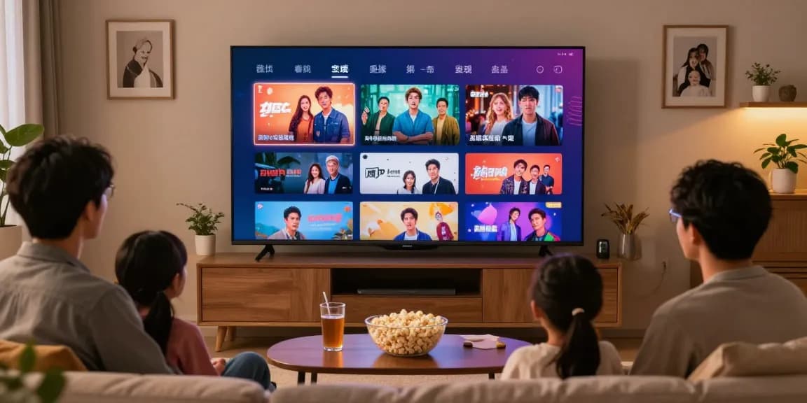 티비위키에서 다양한 콘텐츠를 즐기는 가족, 아늑한 거실 환경에서 TV 화면을 보고 있는 모습