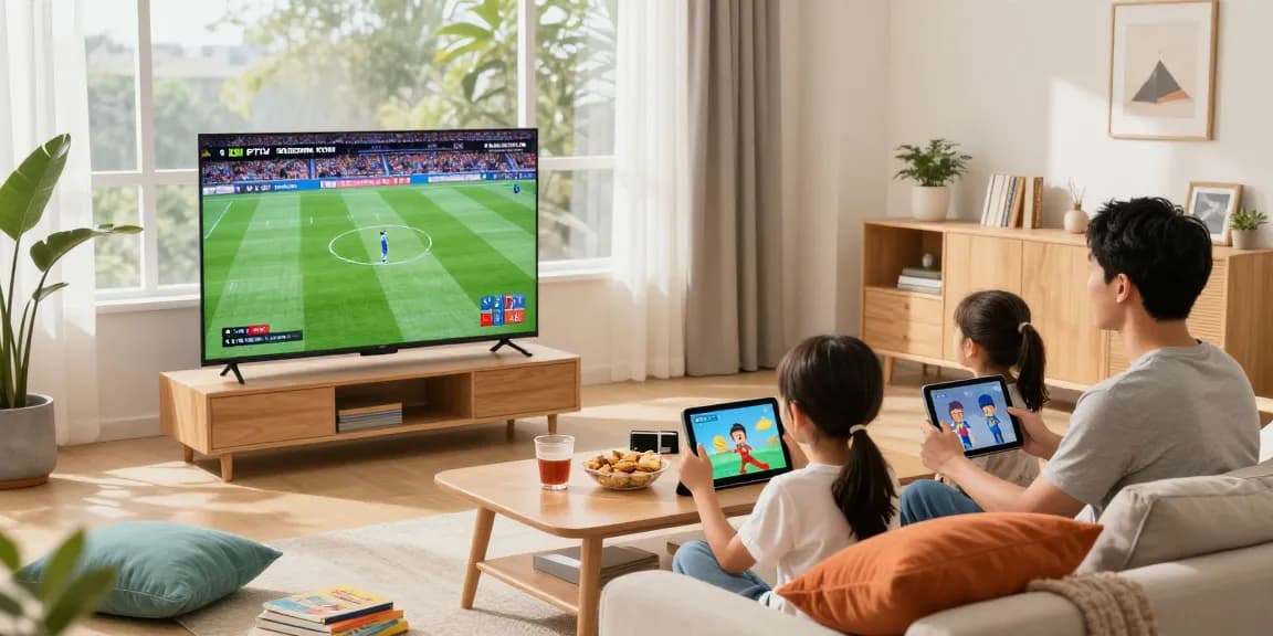 Family enjoying diverse entertainment with IPTV provider in a cozy living room.