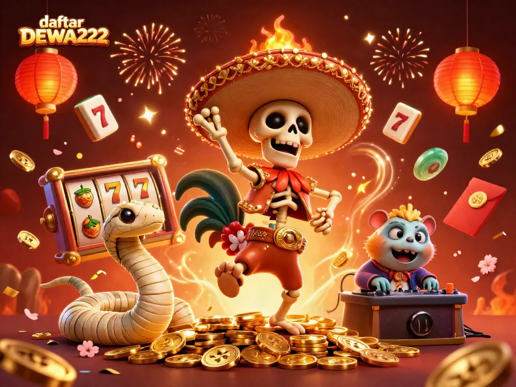 Engage in thrilling play at daftar DEWA222 with a dynamic 3D casino scene, showcasing vibrant characters.