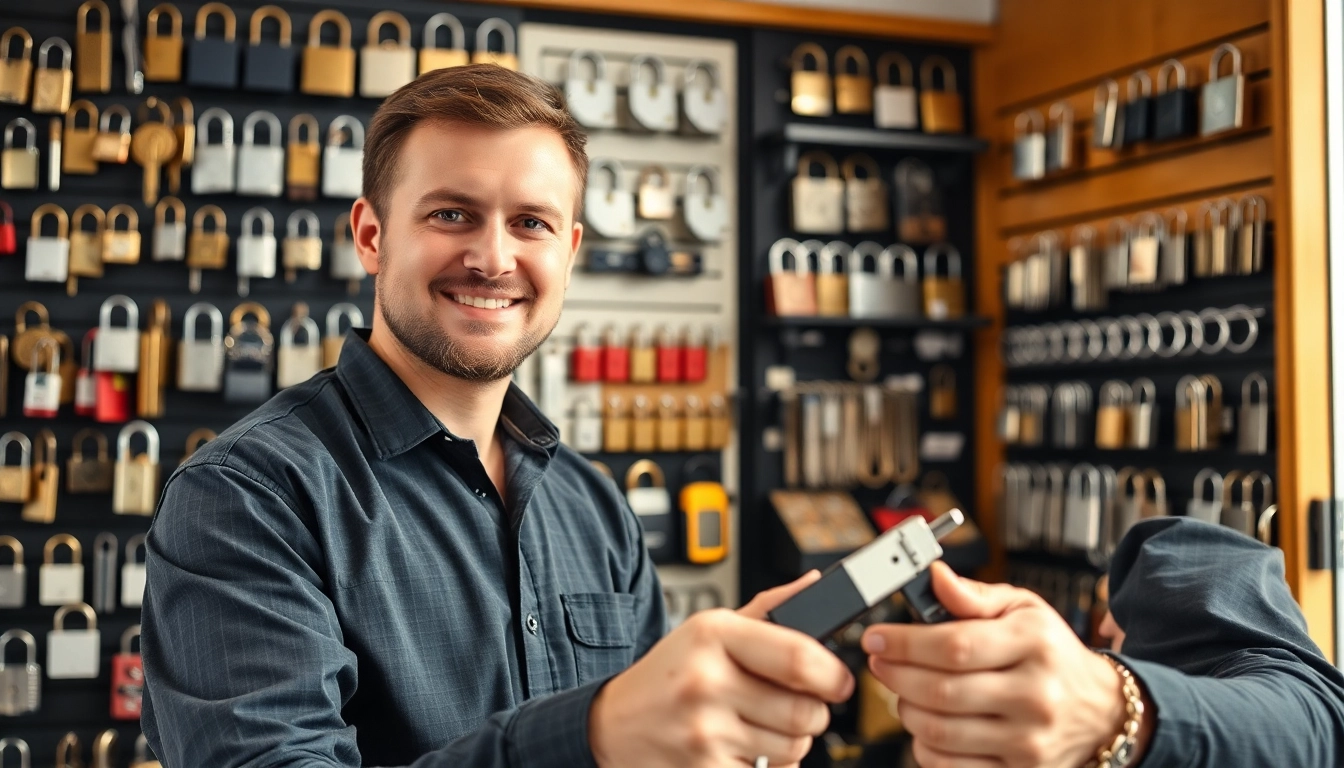 Best locksmiths in Chesterfield, Missouri assisting a satisfied customer in a modern shop.