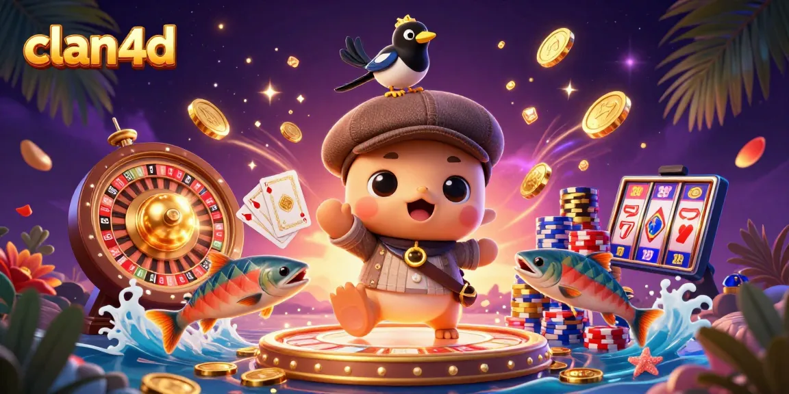Play cute 3D cartoon baby Nessie, a magpie, and fish with clan4d in a vibrant casino illustration.