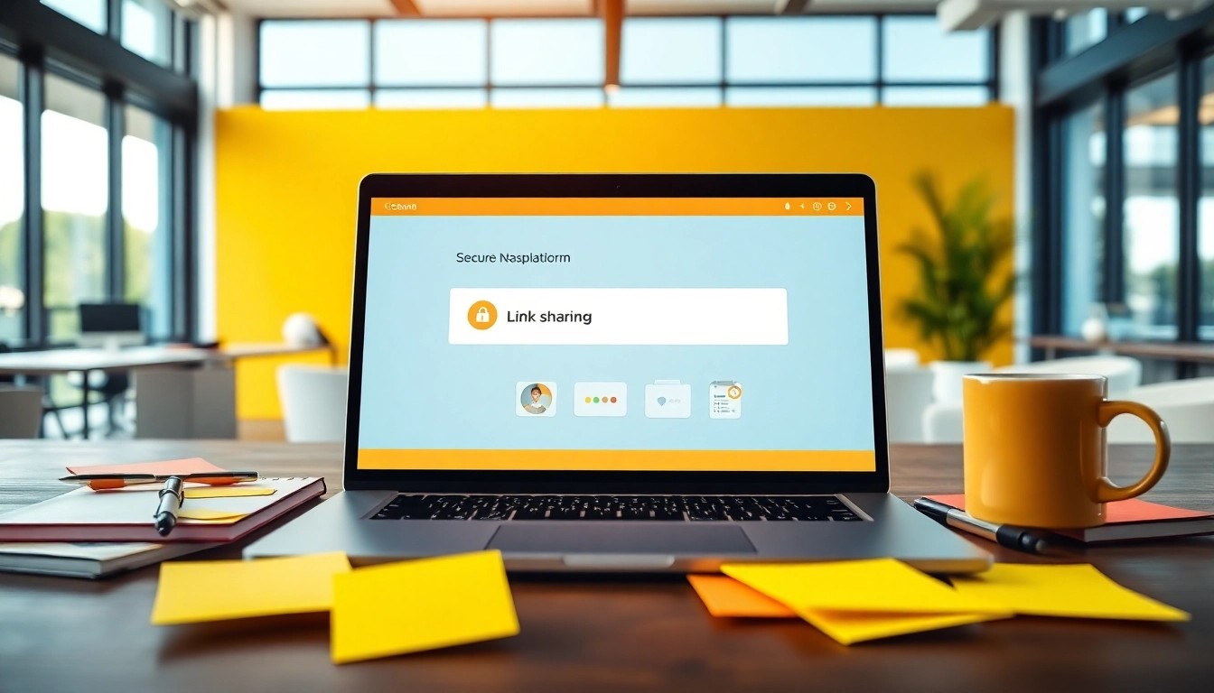 Users engaging with the secure link sharing platform on a modern laptop in a collaborative workspace.
