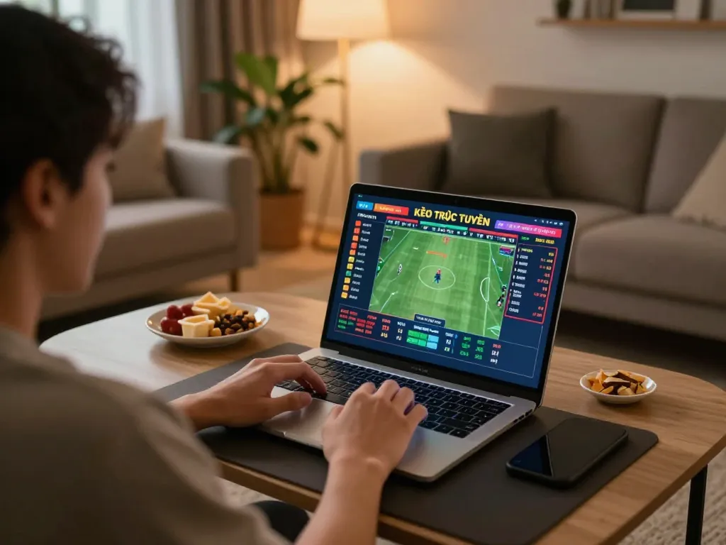 KÈO TRỰC TUYẾN online sports betting interface on a laptop amidst a cozy home environment.