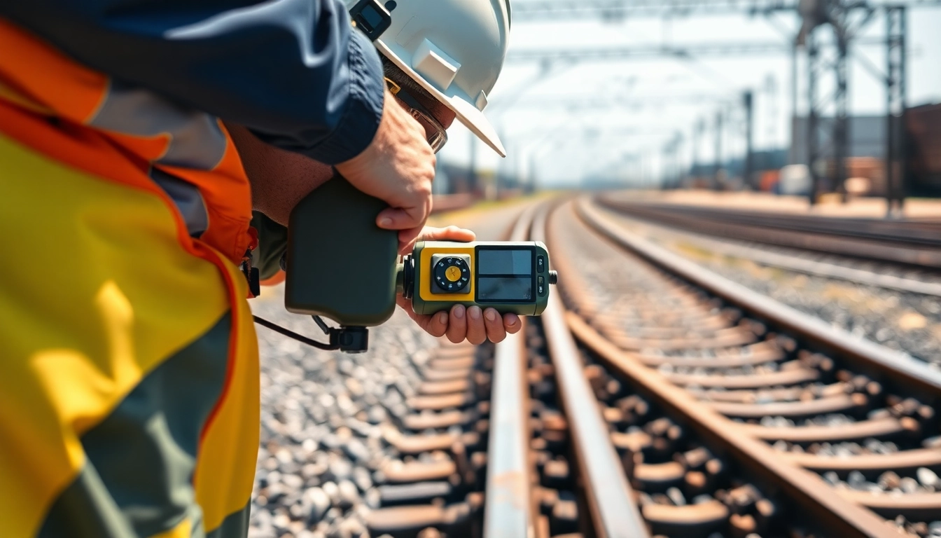 Track Inspection technician analyzes railway tracks with high-tech equipment in a professional setting.