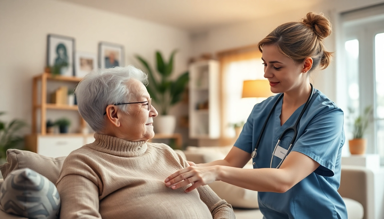 Providing at home health care through a warm interaction between a caregiver and an elderly person.