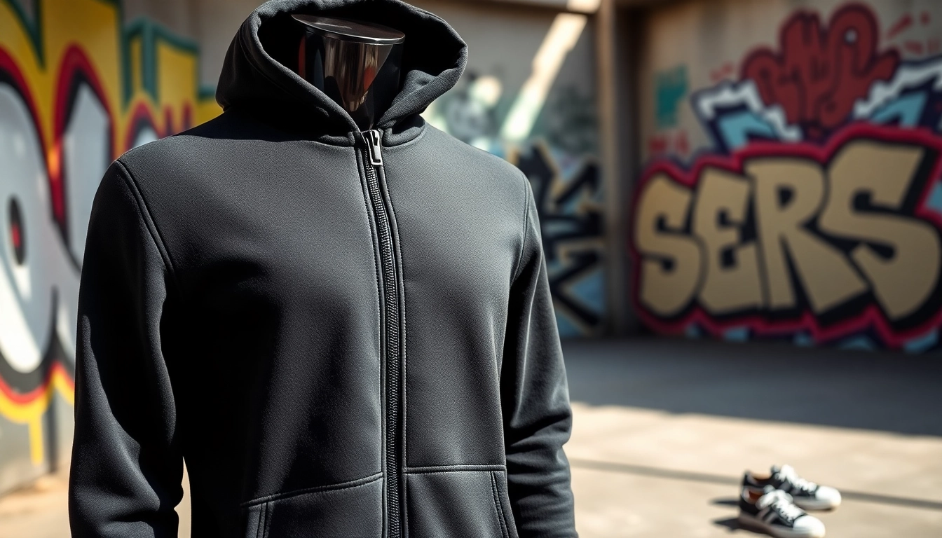 Model showcasing a stylish black zip up hoodie highlighting its design and texture in an urban setting.