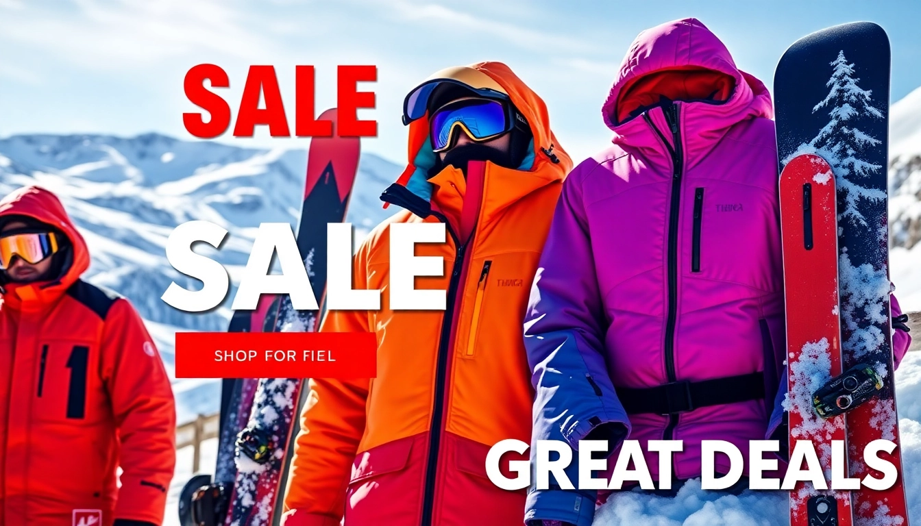 Promote winter gear sale showcasing vibrant jackets and snowboards amidst a snowy landscape