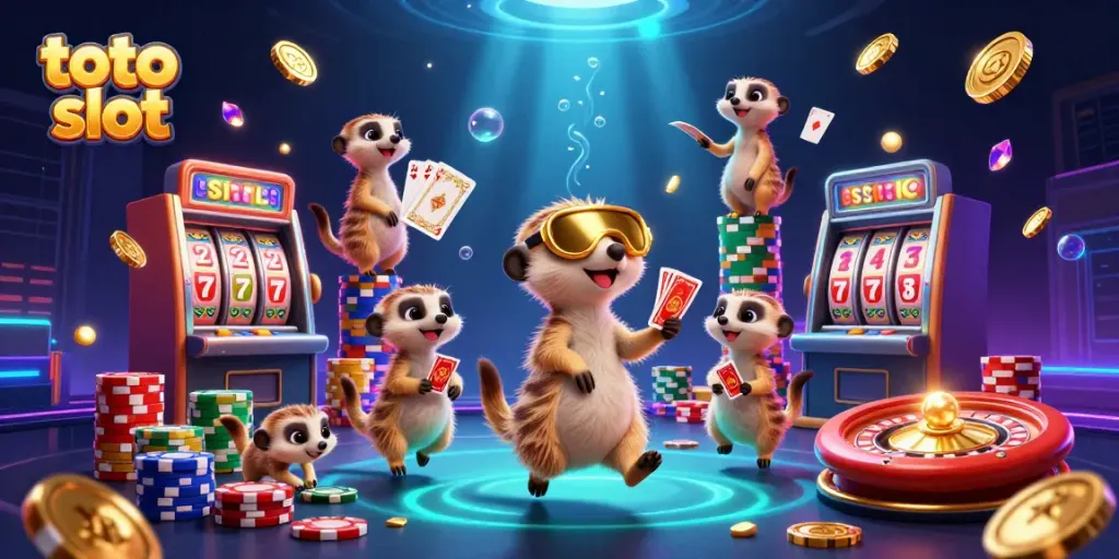 Geng meerkat menjalankan operasi toto slot yang megah dengan tumpukan chip dan koin emas terbang.