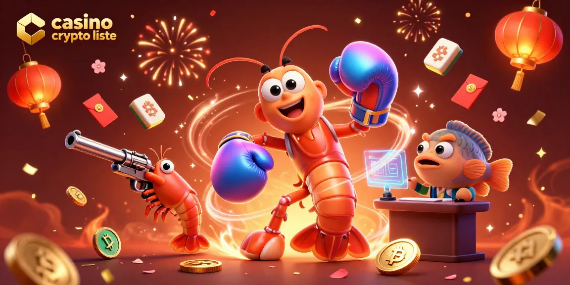 Illustration dynamique sur les crypto casinos avec la liste de casino crypto, mettant en scène des crevettes et des éléments de jeu.